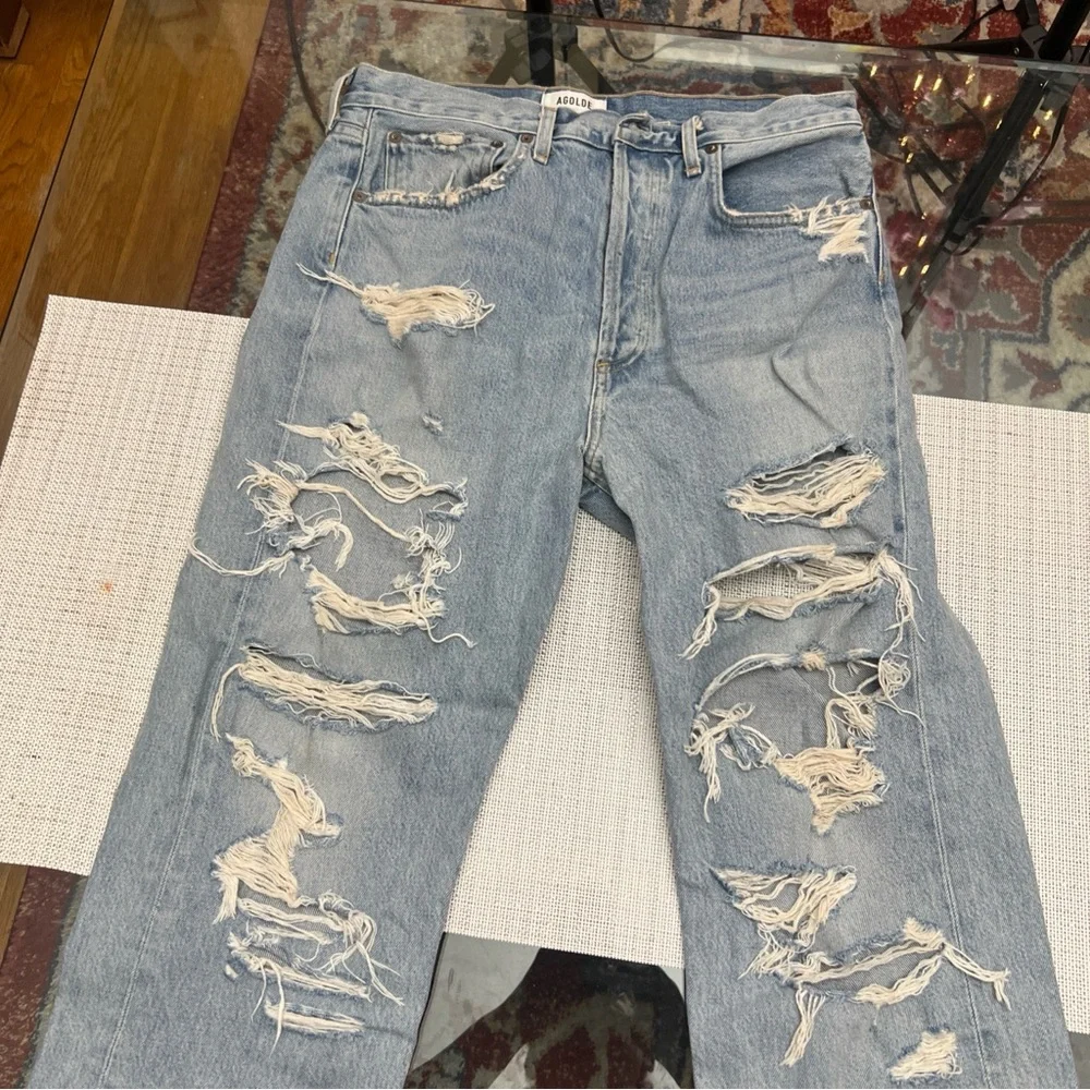 Agolde Women's High Rise Distressed Light Blue Jeans
